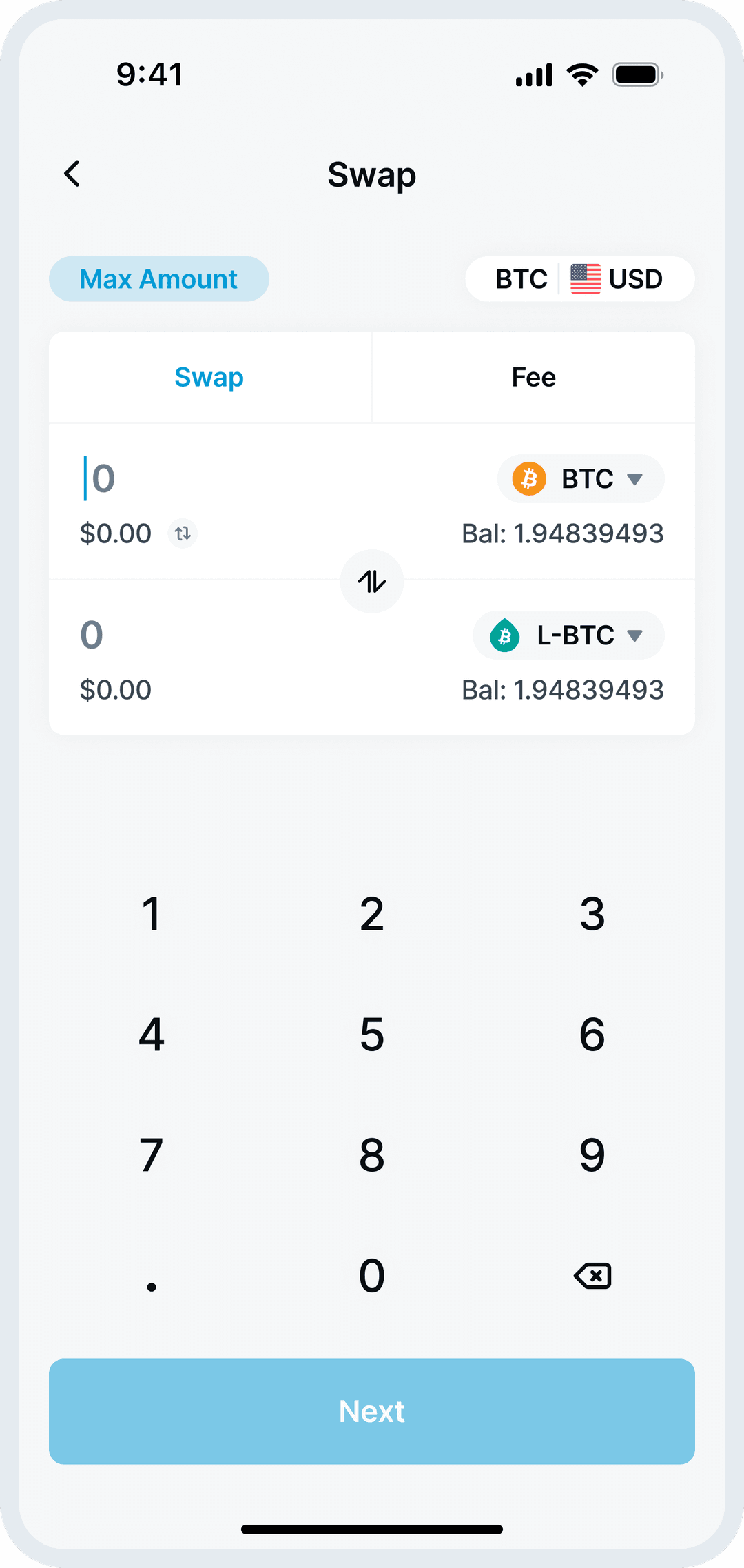 Mobile device showing the AQUA app swap screen